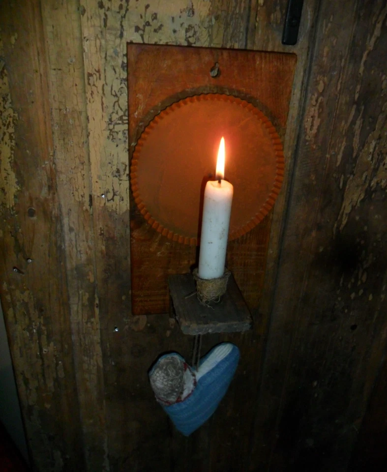 Primitive Wall Lantern, Old Wooden Candle Light, Tatered Quilted Blue Heart - Image 4 of 4