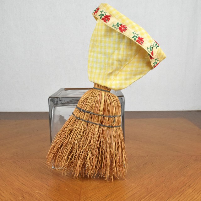 Vintage Handcrafted Fabric Straw Broom Doll Green Dog Yellow Dress with