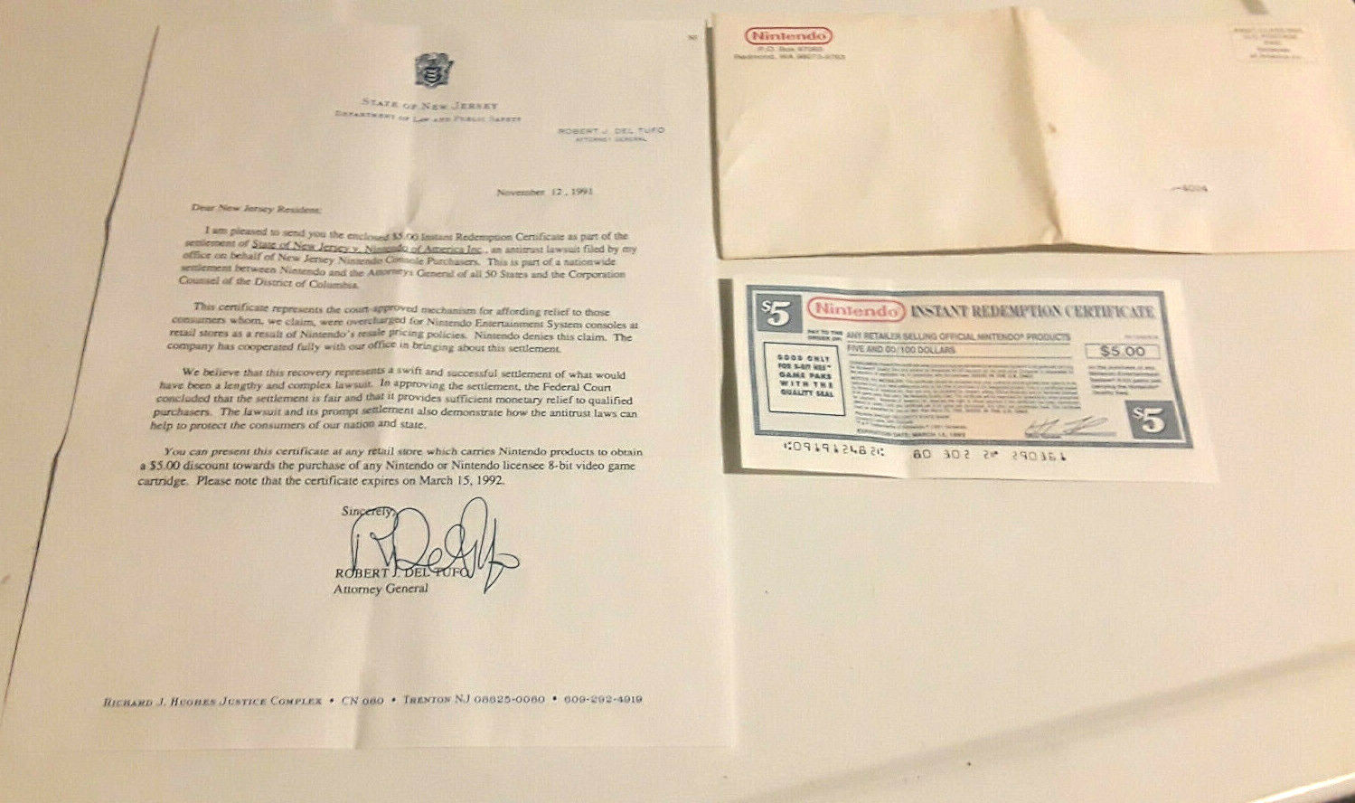 NES Rebate Letter Envelope Signed New Jersey V Nintendo Of America 