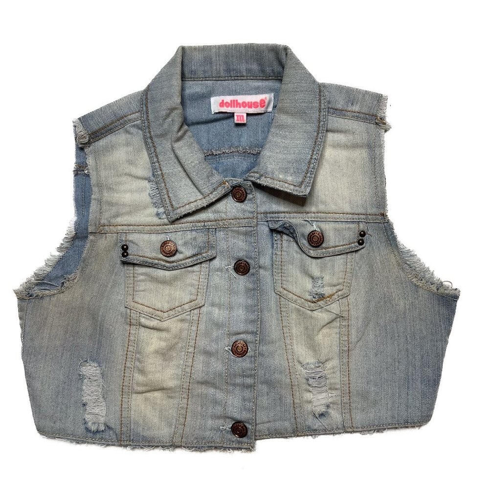 Dollhouse Cropped Denim Vest Distressed Y2K Women's Medium Punk Rock