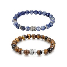 2PCS Artificial Agate Stone Buddha Head Beaded Bracelet 8mm Bead Women's Men's