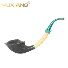MUXIANG Sandblasted Briar Wood Freehand Tobacco Pipe Bent Bamboo Vulcanite Stem
