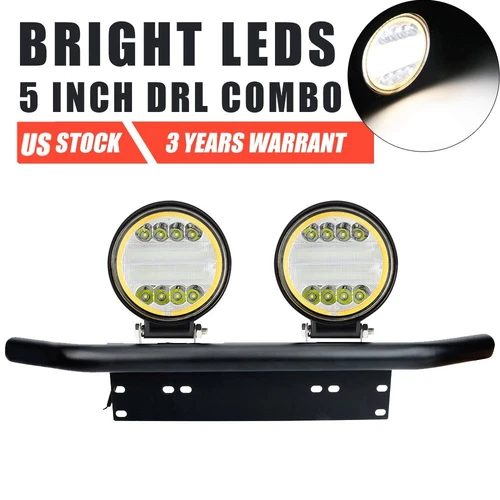 23" Bull Bar Style License Plate Mount Bracket + 5" Round LED Lights Pods SUV