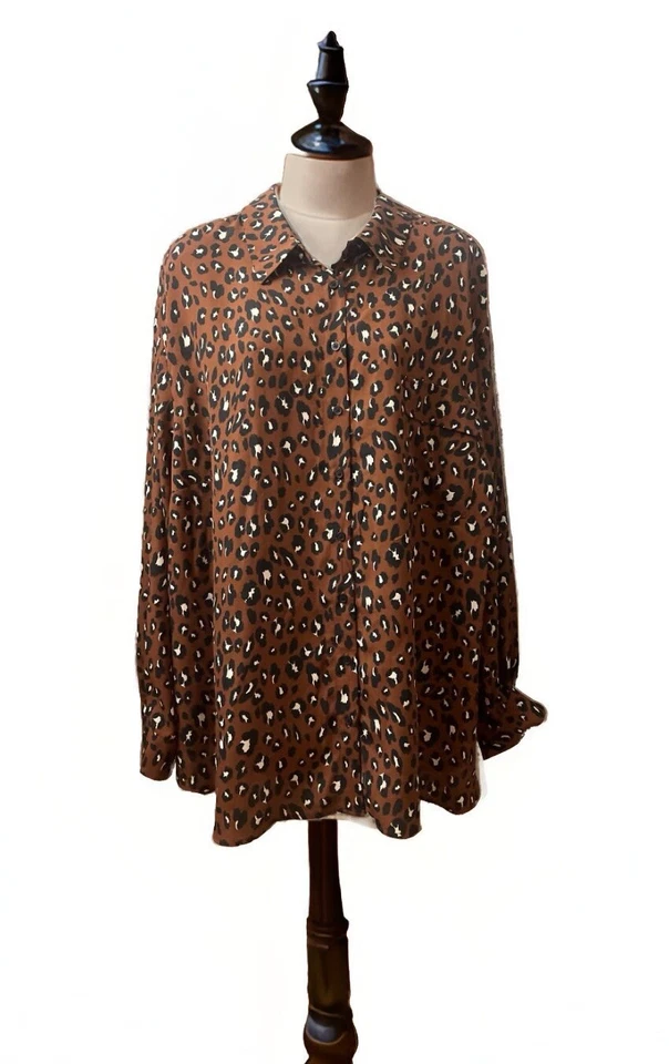 Новый с Ярлыками Pleione плюс размер атласный кнопка вверх темно-коричневый леопард Топ женский размер 2 X
