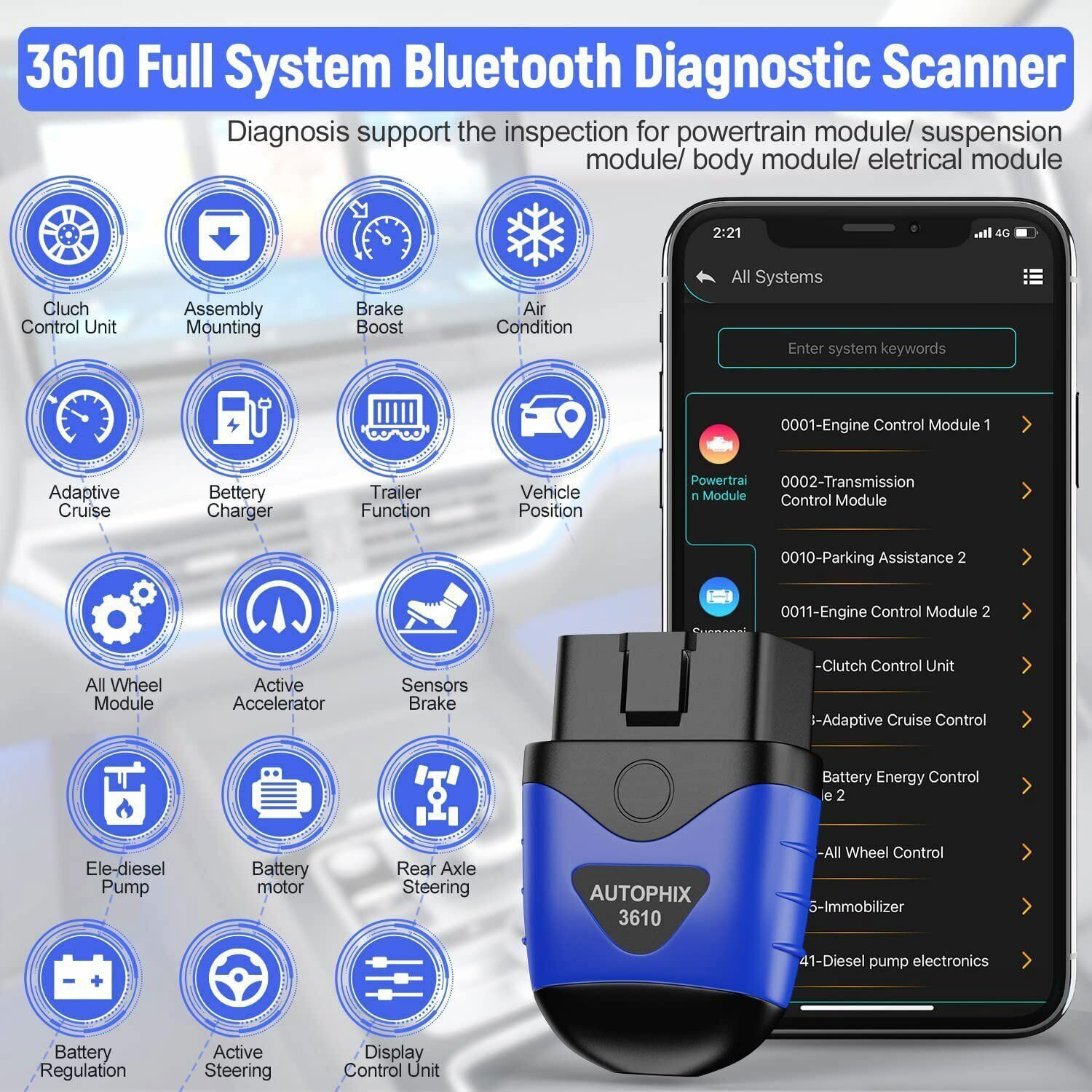 AUTOPHIX 3610 Bluetooth All System OBD2 Scanner Fit for VW EPB Reset BAT Check