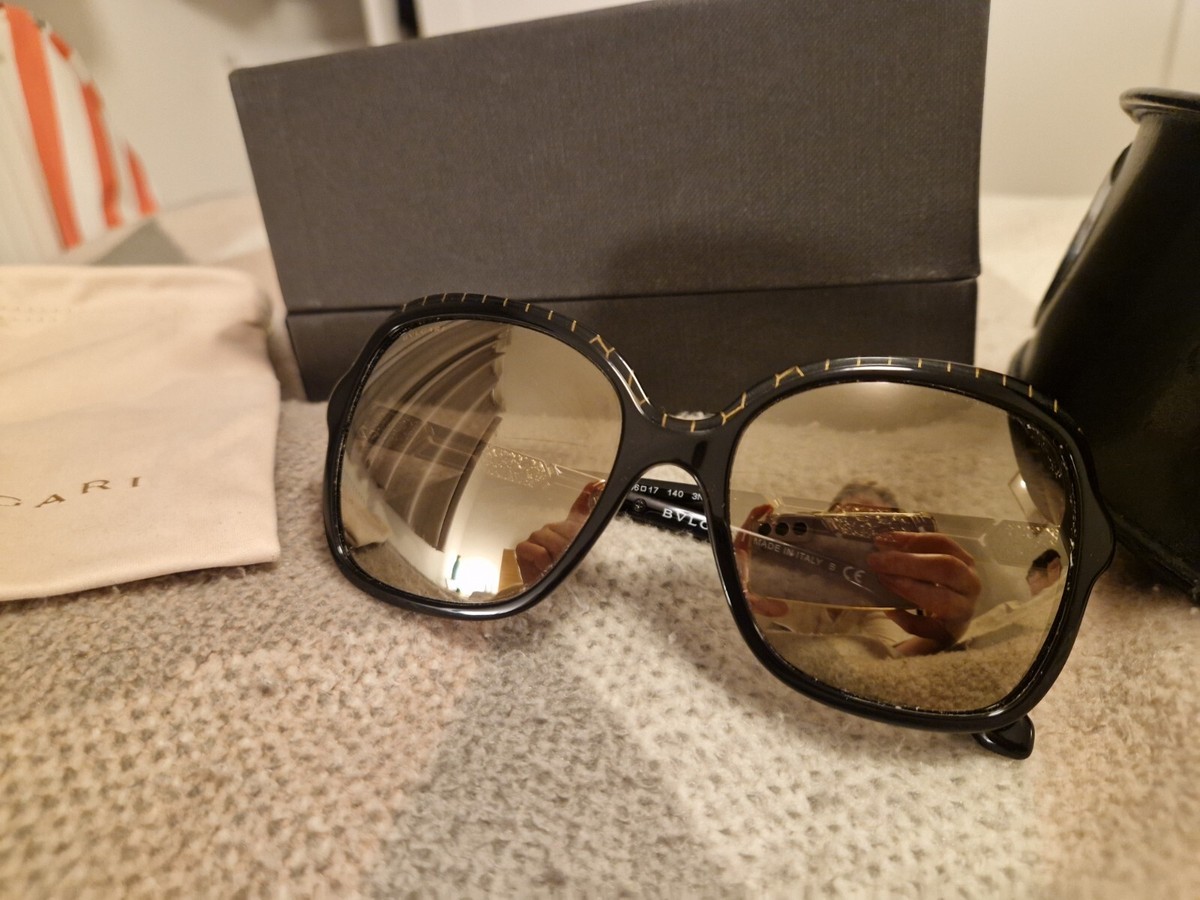 Bvlgari 8181-b Oversize Black Gold Mirrored Sunglasses Swarovski Detail