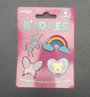 Smiggle Anstecker Einhorn Regenbogen Schmetterling Herz bunt Pin 4er Set glitzernd