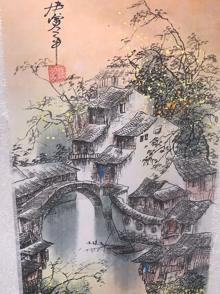 "Tinta de pergamino pintada a mano de colección con seda naranja pueblo árboles barcos fluviales 9,5""x37,5""" Foto 4 de 4