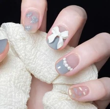 Short baby blue press on nails with 3D bow tie nail art| short press on nails| S