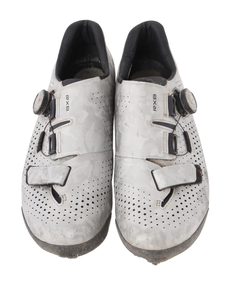 Zapatos de bicicleta de montaña de carbono Shimano SH-RX800 UE 43 EE. UU. Hombres 8,9 plateados 2 pernos BOA Foto 3 de 4