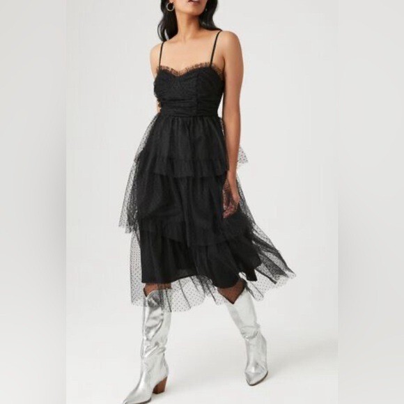 Black polka dot tulle tiered midi dress nwot | eBay