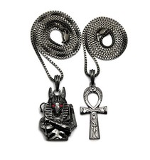 Egyptian Ankh, Anubis Pendant 24",30" Box Chain 2 Necklace Set RC2487HE