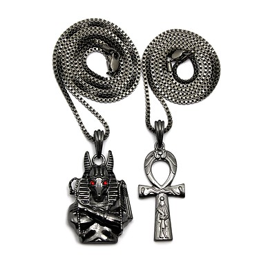 Egyptian Ankh, Anubis Pendant 24'',30'' Box Chain 2 Necklace Set RC2487HE