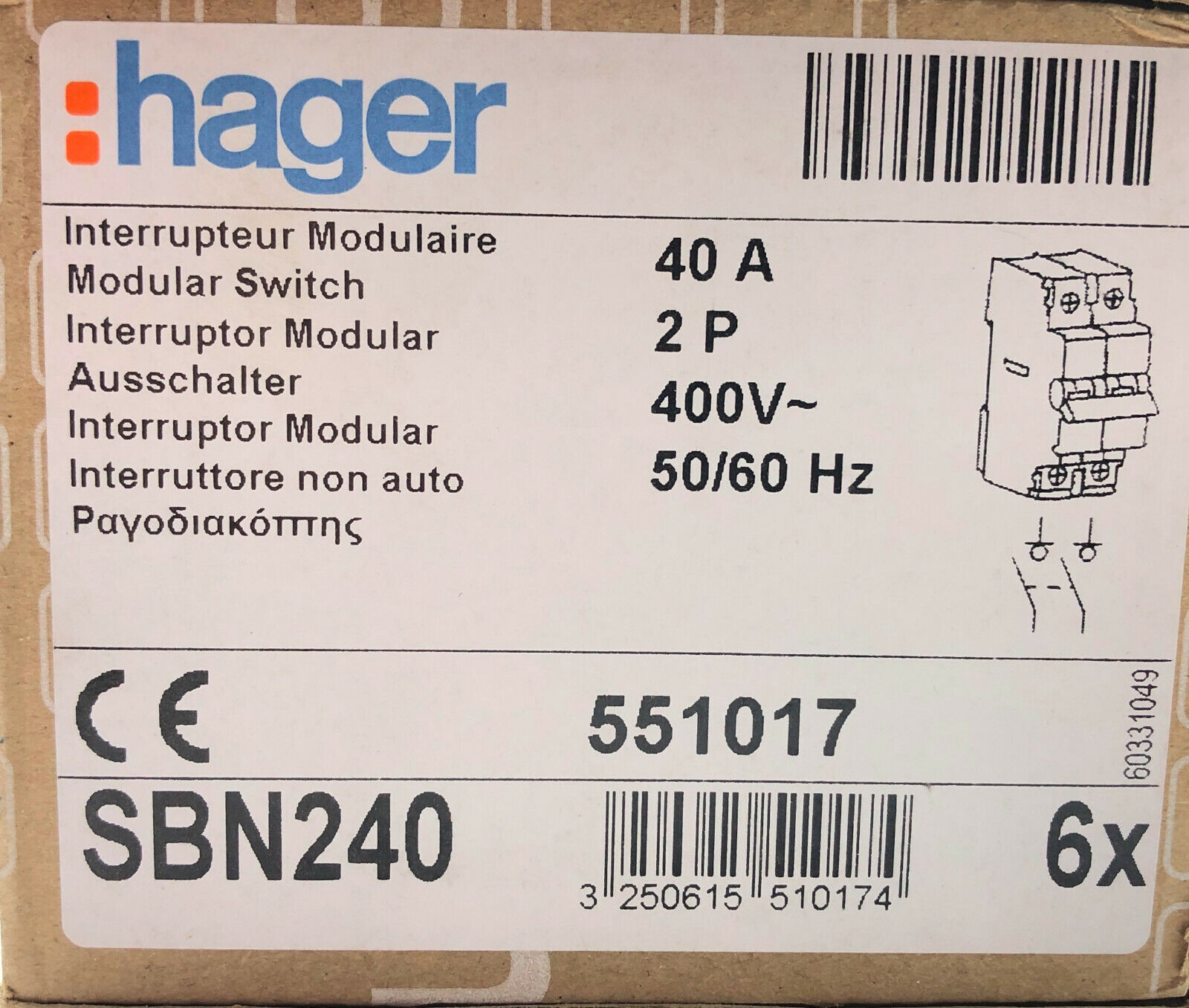 10 sztuk Hager SBN240 wyłącznik 40A 2 no 400V AC 50/60 Hz 2 bieguny NOWOŚĆ Super tania produkcja krajowa