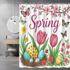 Spring Floral Shower Curtain with Butterflies and Easter Eggs