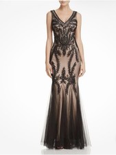 Betsy  Adam Sz 2 Black Lace-Overlay Nude Illusion V Neck Mermaid Maxi Gown