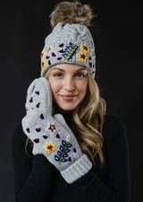 Panache Mittens Hat Set Floral Embroidered Gray Fleece Lined Pom Womens One Size
