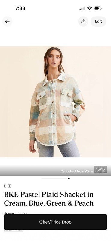 BKE Women’s Plaid Shacket Jacket Cream Blue Green Peach Relaxed Long Pockets S
