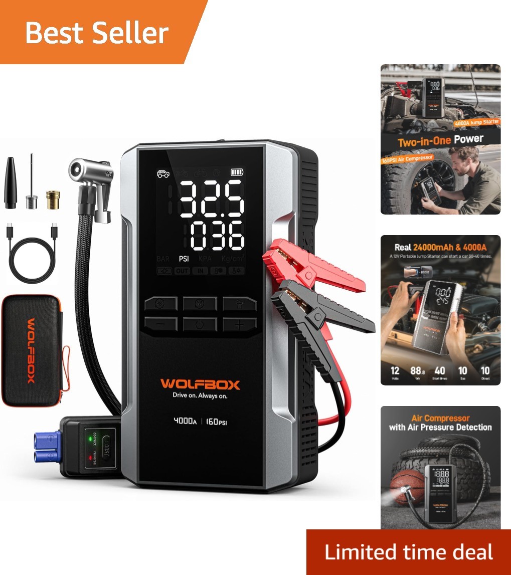 MegaVolt24 Jump Starter: 4000A Peak, 160PSI Air Compressor & 24-