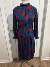 Vintage Pendleton Navy Floral Pleated Blouse and Midi Skirt Set with Red Rose