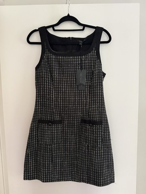 Rachel Zoe Black/White Tweed Check Shift Dress Pockets Square Neck Size 10