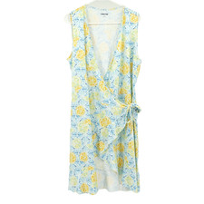 Lands' End Wrap Dress SZ L 14/16 Lemon Print Athleisure Coastal Resortwear