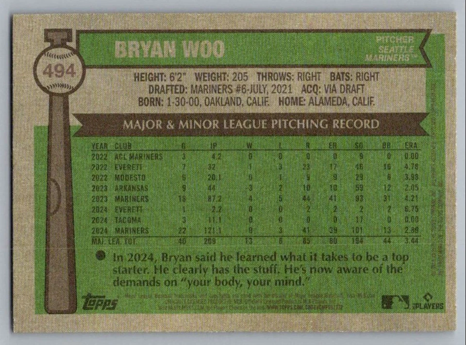 2025 Topps Heritage Bryan Woo Seattle Mariners #494 - Image 2 of 2