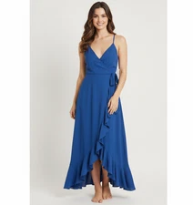 Lulus Dress Women’s Size S Blue Maxi Wrap Ruffle Hem Flowy Brunch Boho Timeless