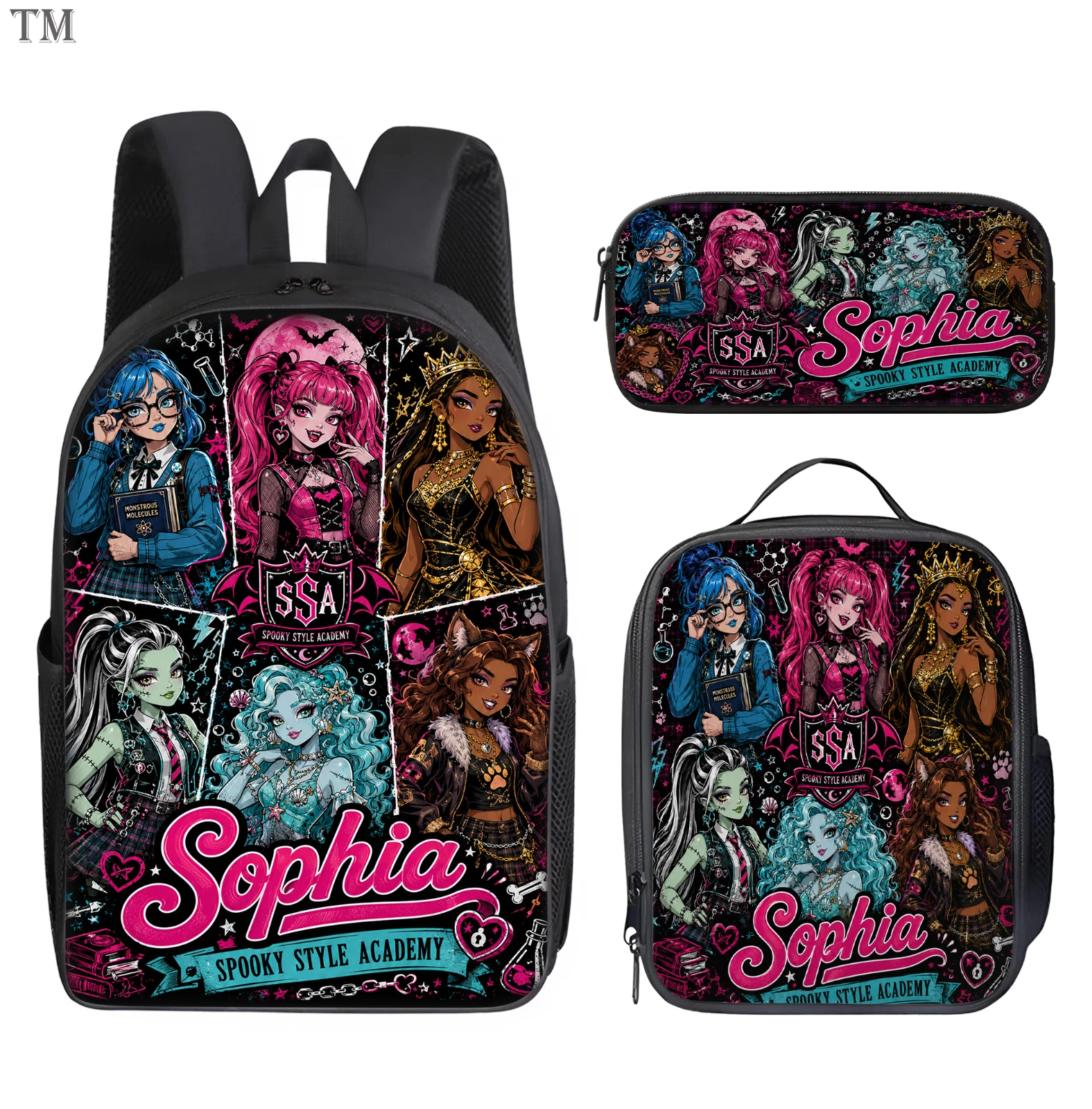 Personalized Monster High Backpack Set, Custom Name School Bag, Lunch Bag & Penc