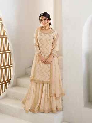 white and gold sharara dress Light Gold Embroidered Net & Georgette Sharara Suit Set main image 1