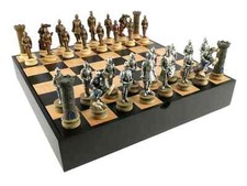 Chess Set - Knights in Armor Resin Chessmen on Black/Maple Chest New
