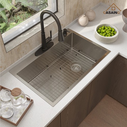 Drop-In Stainless Steel 33-inch 1-Hole Single Bowl Kitchen Sink/ Kitchen Faucet - Picture 42 of 43