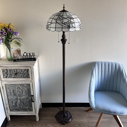 Tiffany Style Floor Lamp White Stained Glass Flowers Metal Base 64"H*16"W*16"D - Picture 3 of 4