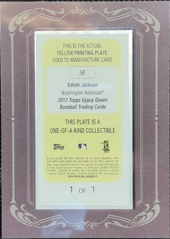 EDWIN JACKSON 2012 Topps Gypsy Queen Mini PLACA DE IMPRESIÓN SP 1/1 Nationals Uno de Foto 2 de 2