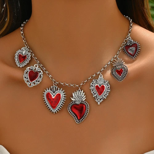 Fashion Red Heart Locket Pendant Necklace Gothic Style Skull Shaped Cross Choker