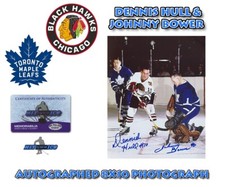 Johnny Bower & Dennis Hull Signed Maple Leafs & Blackhawks 8X10 PHOTO - HOFer