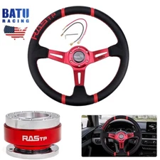 14" Aluminum & Leather Drifting JDM Racing Steering Wheel+Quick Release Kit Red