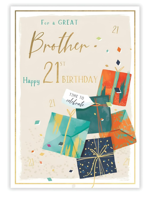 Birthday Card BROTHER 21st 21.**Nine Inch Gold-Foiled Card, Paper Pages Inside**