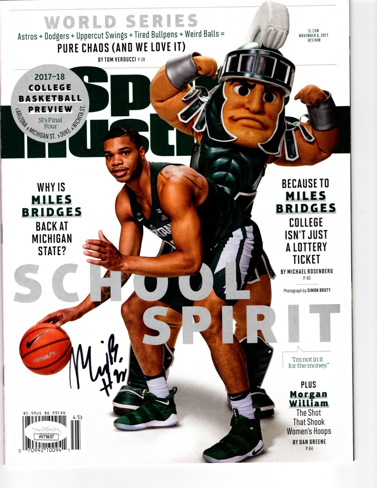MILES BRIDGES SIGNED 11/6/17 SPORTS ILLUSTRATED MICHIGAN STATE SPARTANS JSA 