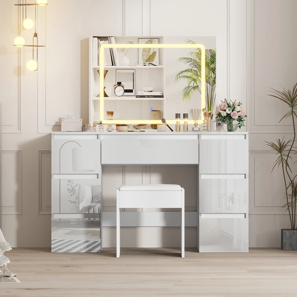 White Dressing Table High Gloss Vanity Makeup Desk 7 Drawers& Stool& LED Mirror - Image 4 of 4