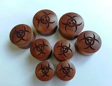 Pair Handmade Danger Biohazard Symbol Sign Saba Wood Saddle Ear Plugs Gauges