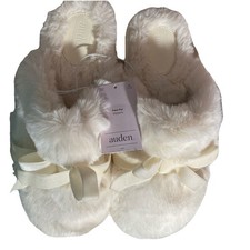 Auden Fuzzy Slippers White Bow Women s Size XL 11-12 Hard Sole New