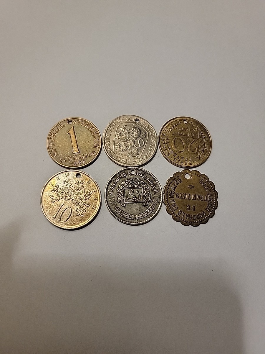 6 Vintage Coins/Tokens with hole drilled for Necklace