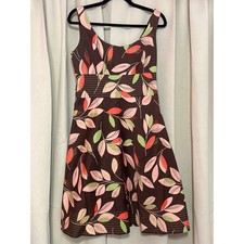 Dressbarn Cotton Leaf Print Fit & Flare Dress 8 Brown Pink Green Sleeveless