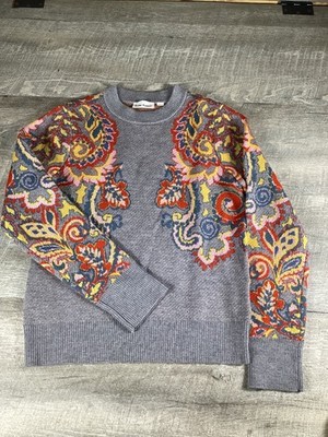 Roller Rabbit Womens Paisley Merino Wool Sweater Small Gray Multicolor NWOT
