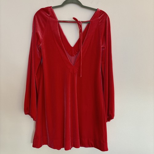 Free People Mini Abito Donna Scollo V Velluto Rosso Con Cravatta Schienale Taglia XS Usato - Foto 6 di 7