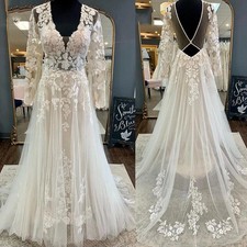 Long Sleeves Wedding Dresses V Neck Backless Tulle Bridal Gown Blush Pink