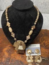 Vintage Rococo Tribal Style Wooden Necklace & Earring Pair Art Deco Look VTG