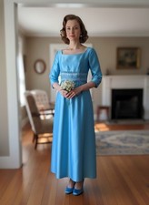 Vtg 1950s Handmade Blue Satin Party Dress MCM Bridesmaid Prom Floral Waist XS/2