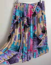 Vintage Boho Midi Skirt Colorful Festival Aztec Abstract M Crinkle Rayon USA